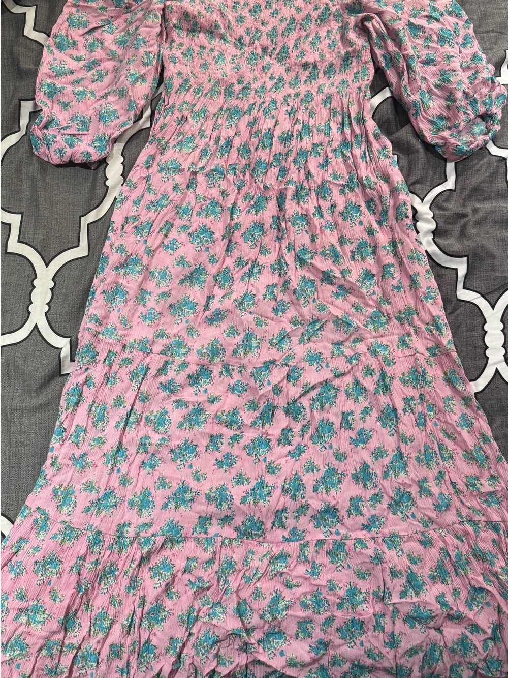 Urban outfitters Pink Floral Midi and Dress with Puff Sleeves